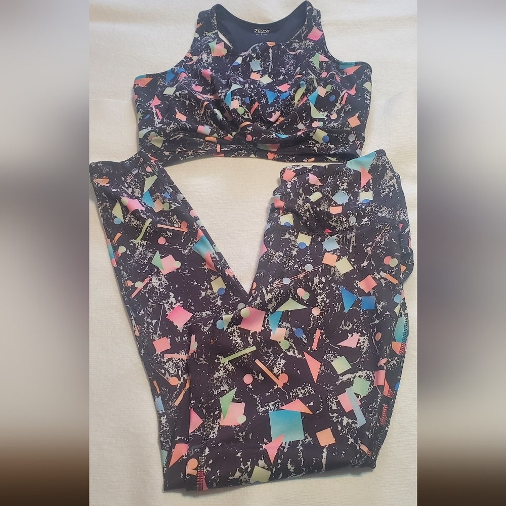 ZELOS Women's Black Abstract Leggings Set Sz L